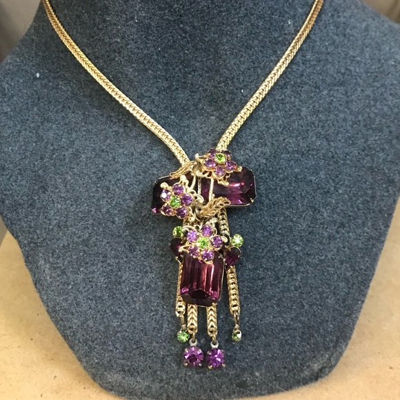 Rare Vintage Alice CAVINESS Purple Art Glass Rhinestone Tassel Designer Set - Picture 4 of 16